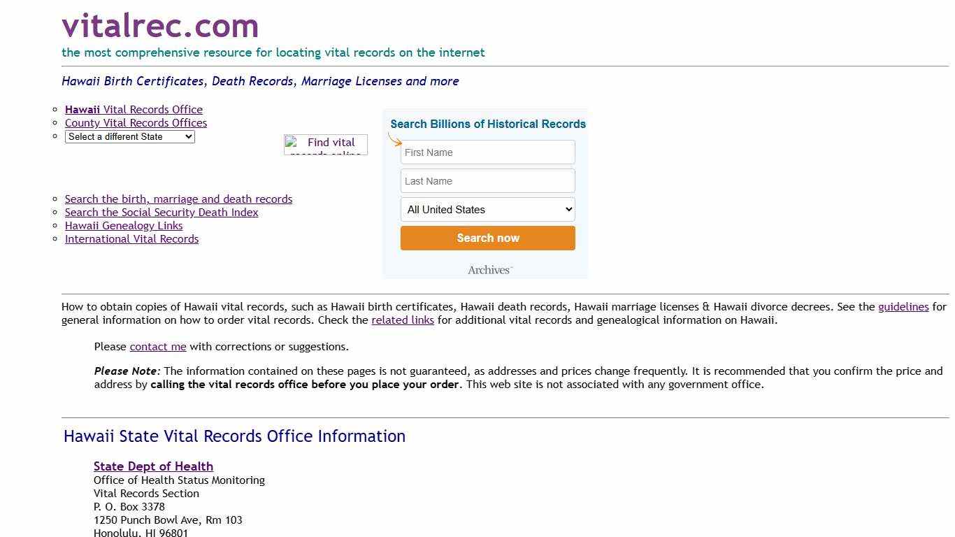 Hawaii Birth Certificate, Death Record, Marriage license and other vital records